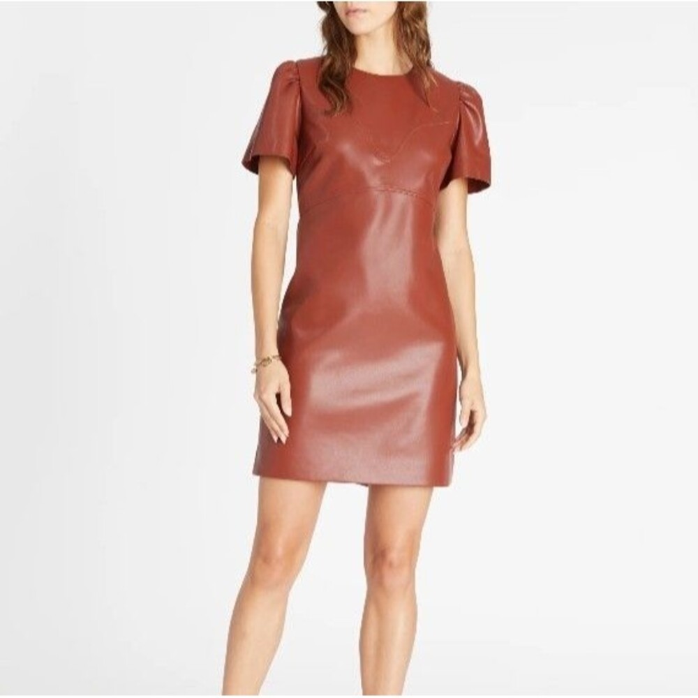 Tanya Taylor Antonella Faux Leather Short Sleeve Mini Dress Brown size 2 NWT NEW